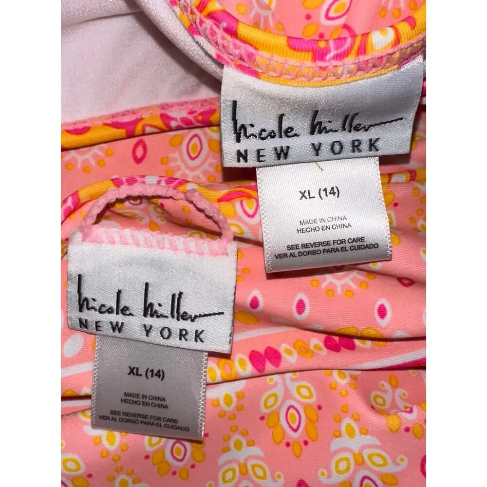 NWT Nicole Miller Girls Pink Orange Paisley 2-Piece Bikini Swim Set Size XL 14